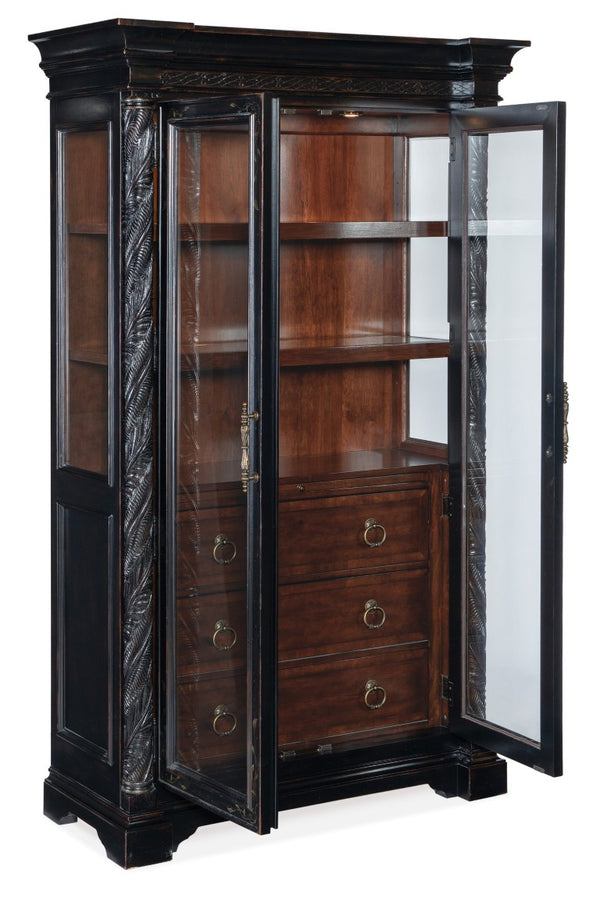 Hooker Furniture Charleston Two-Tone Display Cabinet With Glass Doors, Adjustable Shelves, Puck Lighting & Carved Accents 6750-75906-00