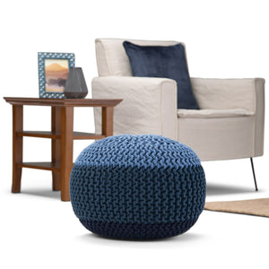 English Elm Nikki Hand-Knit Round Pouf Ottoman with Supportive Bead Fill, Versatile Accent Seat for Living Spaces Blue B136P159334