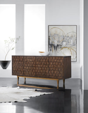 Hooker Furniture Melange Walnut Marquetry Four-Door Credenza With Gold Base, Media-Ready Storage & Brass Knobs 638-85520-85