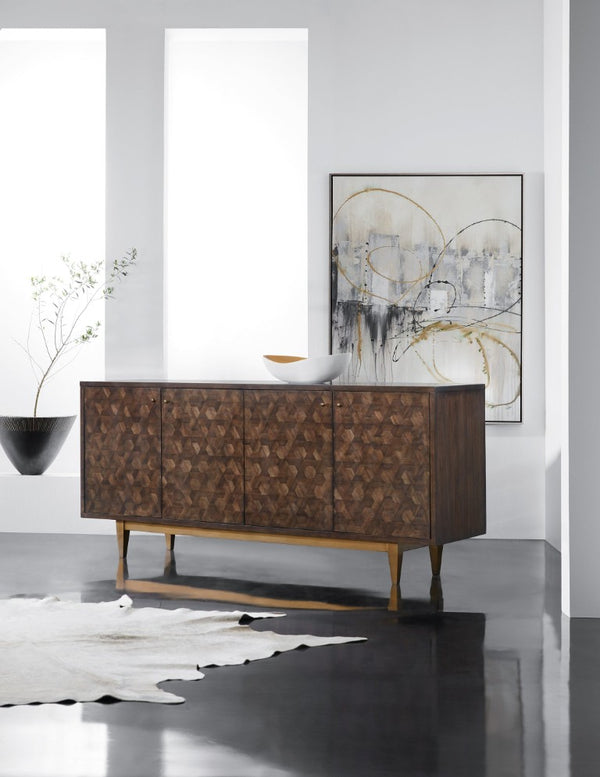 Hooker Furniture Melange Walnut Marquetry Four-Door Credenza With Gold Base, Media-Ready Storage & Brass Knobs 638-85520-85