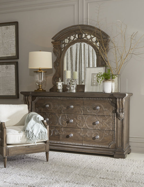 A.R.T. Furniture Vintage Bentley Curved Mirror - Ornately Carved Pediment, Walnut Finish, Elegant Dresser Accent Piece Brown, Brown Material, Parawood Solids 231124-2812