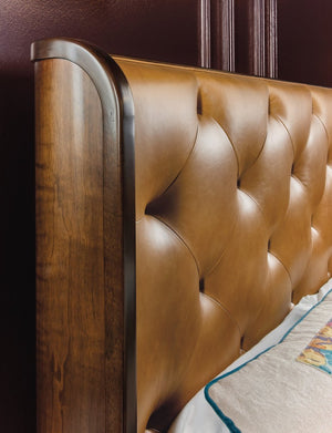 Hooker Furniture Archives Queen Leather Bed With Figured Walnut Veneers, Shelter-Style Design And Tufted Top-Grain Headboard 86.50 L x 80.00W x 64.00H 6123-90866-89