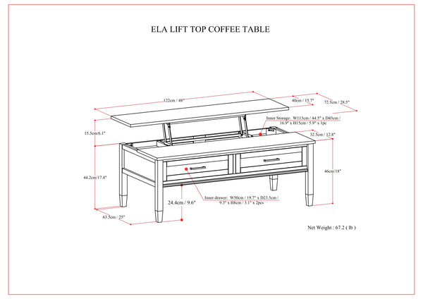 English Elm Ela Lift Top Coffee Table Smoky Brown - Solid Wood Handcrafted Storage, Shaker Drawers & Lift Top B136P158610