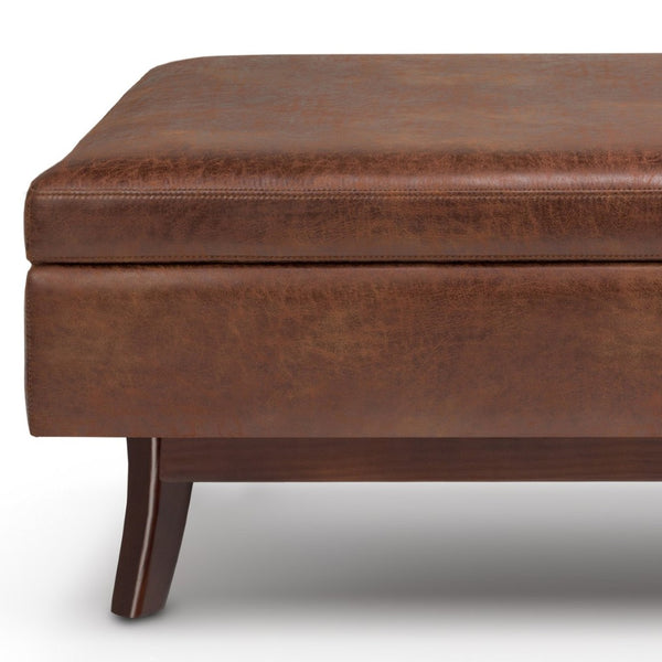 English Elm Owen Rectangular Storage Ottoman - Versatile Mid-Century Design In Distressed Saddle Brown Faux Leather B136P159183-GIGA