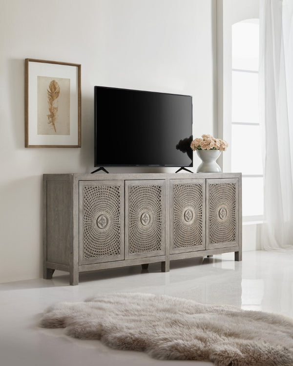 Hooker Furniture Melange Emmett Entertainment Console With Oak Veneer, Cane Doors, Metallic Medallions & Media-Ready Storage 628-85598-80