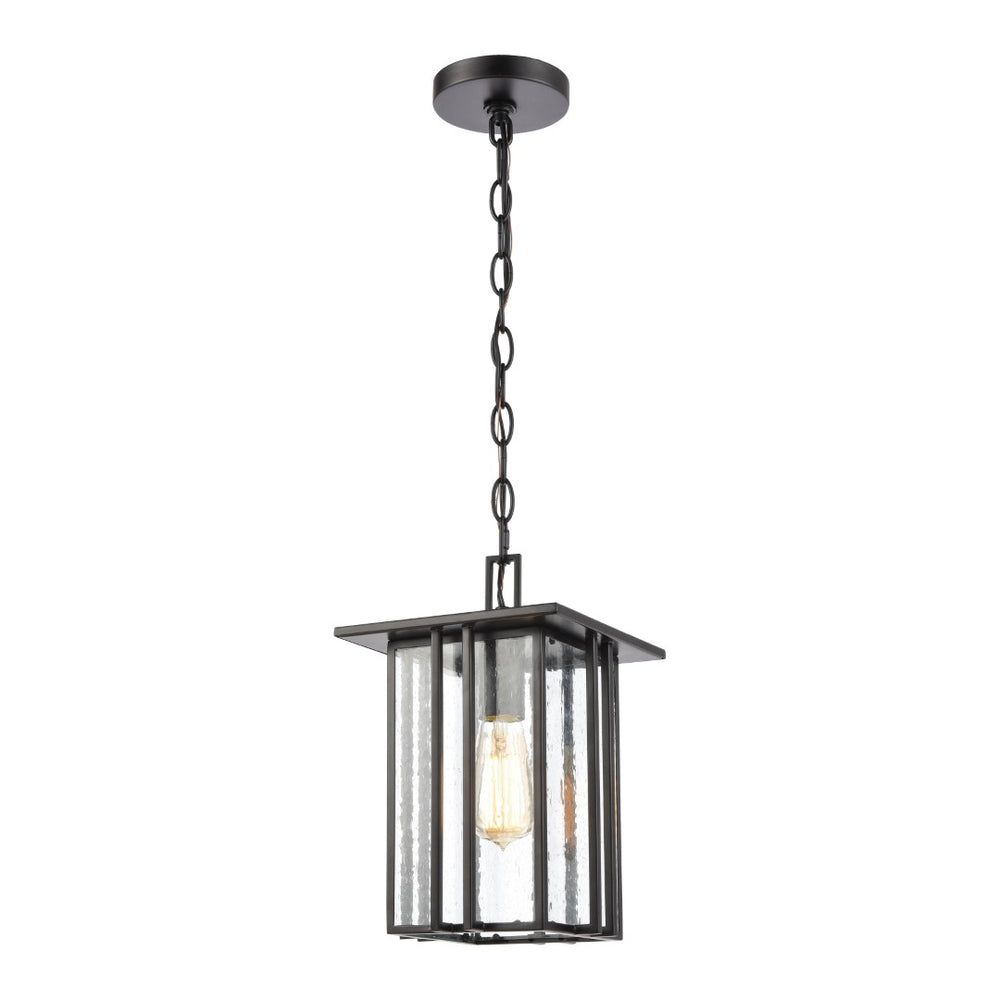 Atlas Radnor 8" Wide 1-Light Outdoor Pendant - Mission-Style Matte Black Fixture with Seeded Glass Shade OL11042-BK