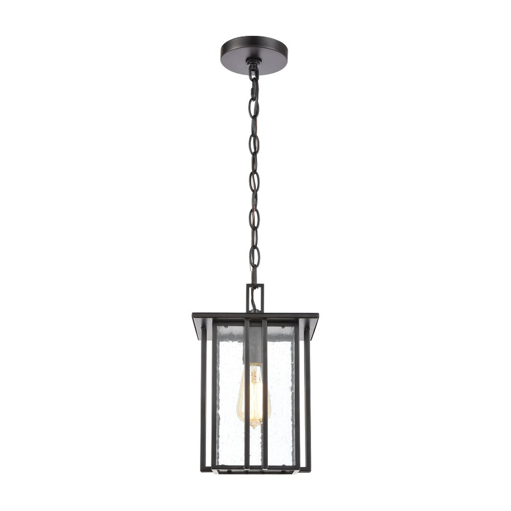 Atlas Radnor 8" Wide 1-Light Outdoor Pendant - Mission-Style Matte Black Fixture with Seeded Glass Shade OL11042-BK