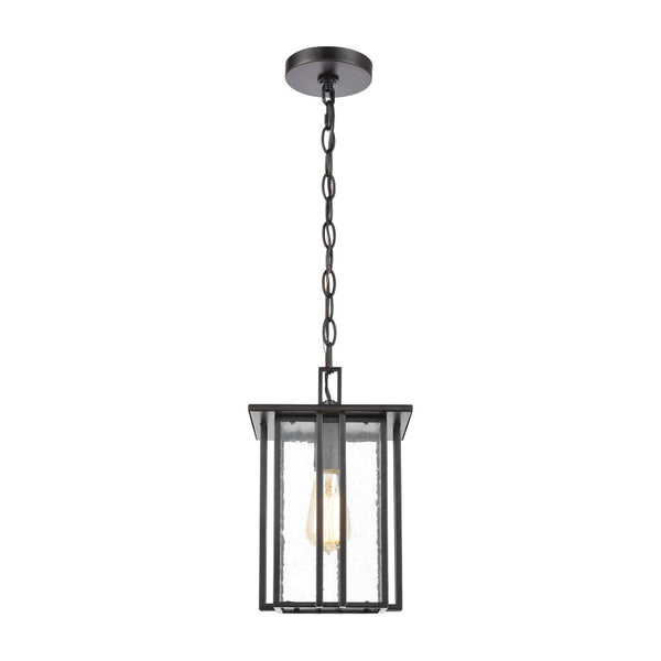 Atlas Radnor 8" Wide 1-Light Outdoor Pendant - Mission-Style Matte Black Fixture with Seeded Glass Shade OL11042-BK