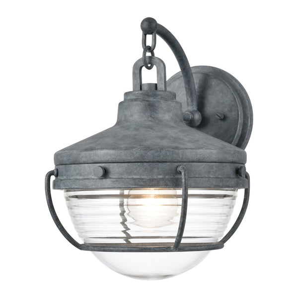 Atlas Eastport Nautical-Inspired Outdoor Wall Sconce with Clear Ribbed Glass for Coastal Charm Decor Aged Zinc 9'' OL11131-GY