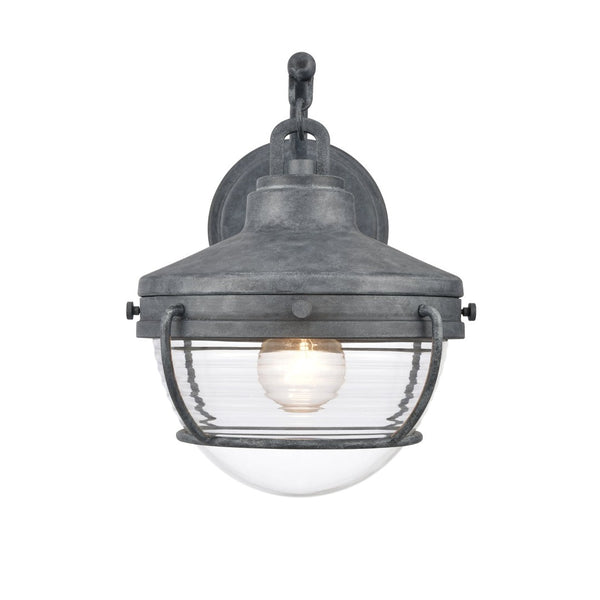 Atlas Eastport Nautical-Inspired Outdoor Wall Sconce with Clear Ribbed Glass for Coastal Charm Decor Aged Zinc 9'' OL11131-GY