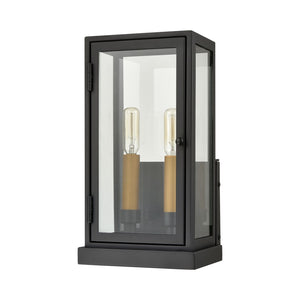 Atlas Foundation 13'' High 2-Light Outdoor Sconce - Modern Cubic Design with Clear Glass Panels & Brass Accents OL11140-BK