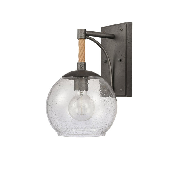 Atlas Orlando 13.5'' High 1-Light Outdoor Wall Sconce - Rustic Seeded Glass and Jute-Finished Charm Iron 8.25'' OL11198-BK