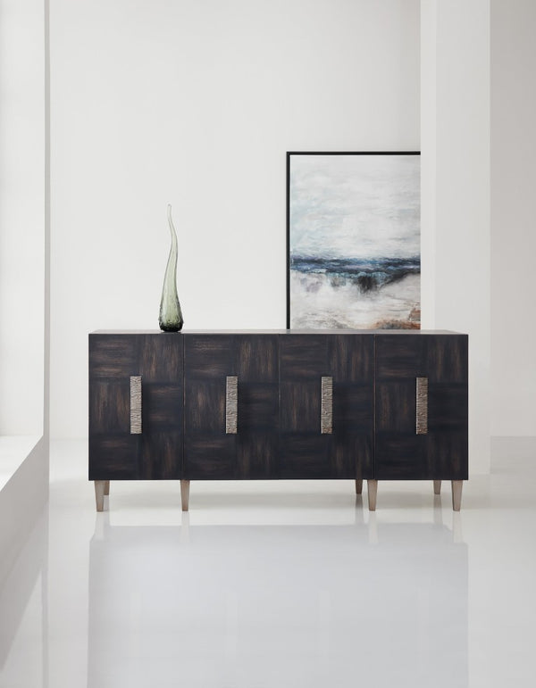 Hooker Furniture Melange Neville Credenza With Dark Walnut Finish, Ventilated Media Storage, Adjustable Shelves, Rustic Appeal 638-85457-89