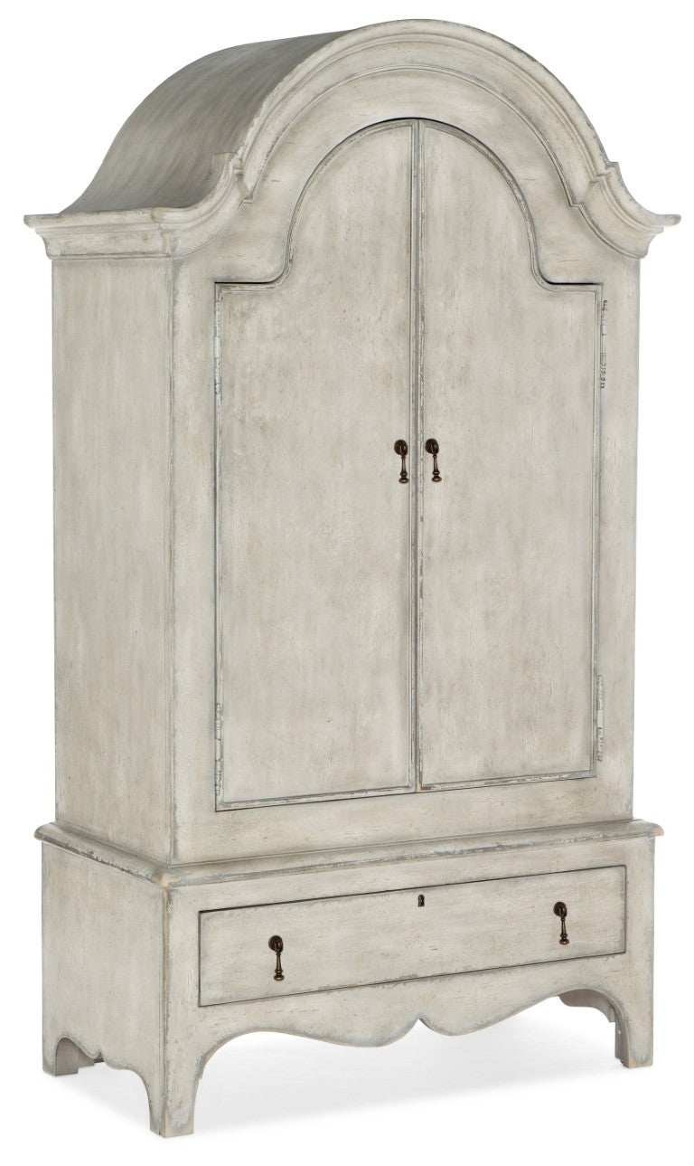 Hooker Furniture Ciao Distressed Cream Wardrobe With Adjustable Shelves, Hanging Rod & Drawer — Cottage Chic Storage 5805-90013-94