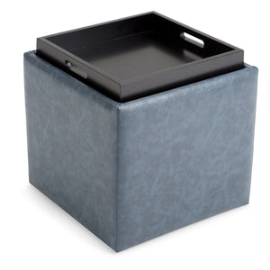 English Elm Rockwood Cube Storage Ottoman with Tray — Denim Vegan Faux Leather, Flip-Top Serving Tray & Hidden Storage Blue B136P158201