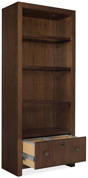 Hooker Furniture Archives Bookcase In Classic Walnut With Glass Shelves, Locking File Drawer & Satin Brass Hardware—Elegant 84" Tall Showcase For Office Or Home Collection 6123-10445-89