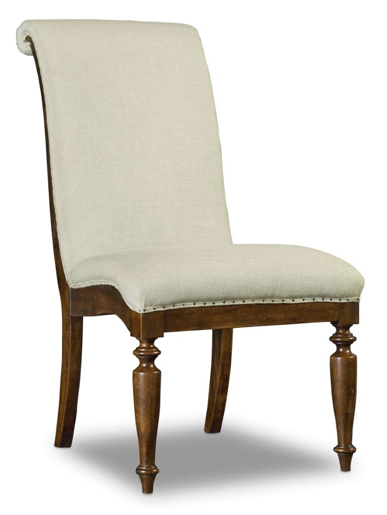 Hooker Furniture Archivist Upholstered Side Chair With Aubergine Linen, Pecan Pecky Veneer, Carved Legs & Tack Trim 5447-75410