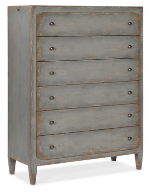 Hooker Furniture Ciao Six-Drawer Chest In Time Worn Gray — Farmhouse Heirloom Style, Felt & Cedar Liners, Brass Accents 5805-90010-95