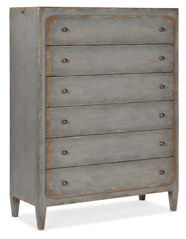 Hooker Furniture Ciao Six-Drawer Chest In Time Worn Gray — Farmhouse Heirloom Style, Felt & Cedar Liners, Brass Accents 5805-90010-95