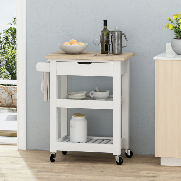 English Elm Christopher Knight Home® - Rolling Kitchen Island with Drawer & Cabinet on Locking Casters, Rubberwood Top, Compact White Design 67753.00NATWHT