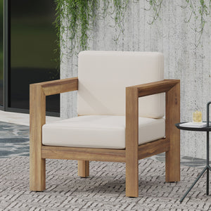 English Elm Christopher Knight Home® - GENSER Acacia Wood Outdoor Club Chairs Set of 2 with Beige Cushions, Weather-Resistant Slat Design 65728.00DLBGE-2