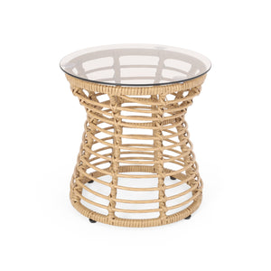 English Elm Christopher Knight Home® - SAN PEDRO SIDE TABLE Light Brown Rattan with Tempered Glass Top Boho Patio Accent Durable 15.8"H 65760.00LBRN