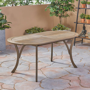 English Elm Acacia Wood Oval Outdoor Dining Table Weathered Gray Slatted Top Seats Six 62917.00GRY