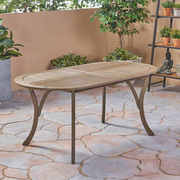 English Elm Acacia Wood Oval Outdoor Dining Table Weathered Gray Slatted Top Seats Six 62917.00GRY