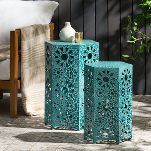 English Elm Eliana Outdoor Iron Nesting Side Tables with Sunburst Cutout and Crackle Finish Patio Accent Set Teal 69740.00CT
