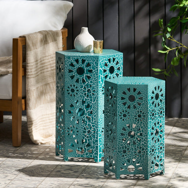 English Elm Eliana Outdoor Iron Nesting Side Tables with Sunburst Cutout and Crackle Finish Patio Accent Set Teal 69740.00CT