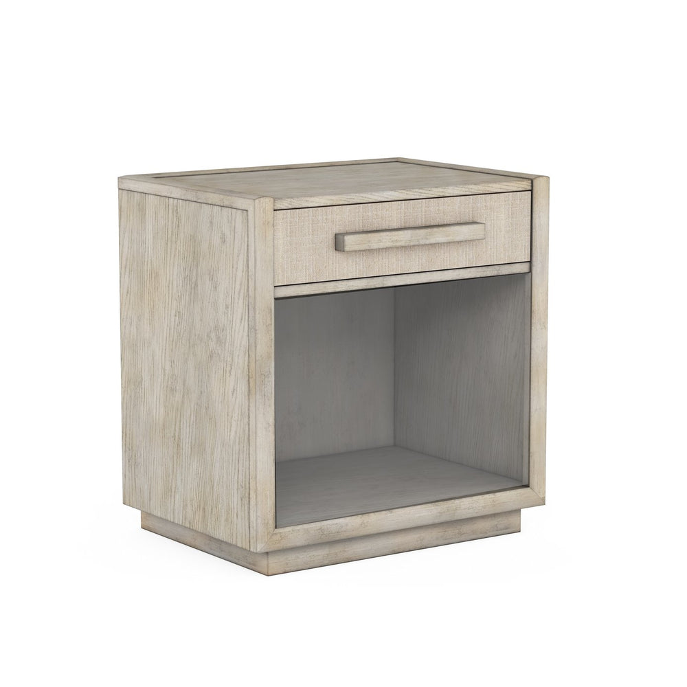 A.R.T. Furniture Cotiere Contemporary Petite Nightstand With Usb Ports, Linen Fabric Drawer & Open Storage Shelf Beige Material, Parawood Solids,Mixed Split Cathedral And Quarter White Oak Veneers,Fabric 299141-2349