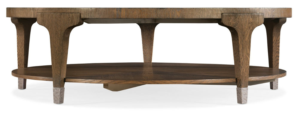 Hooker Furniture Chapman Round Cocktail Table With Wire‑Brushed Sorrel Oak, Hand‑Hammered Pewter Ferrules & Shelf 6033-80111-85