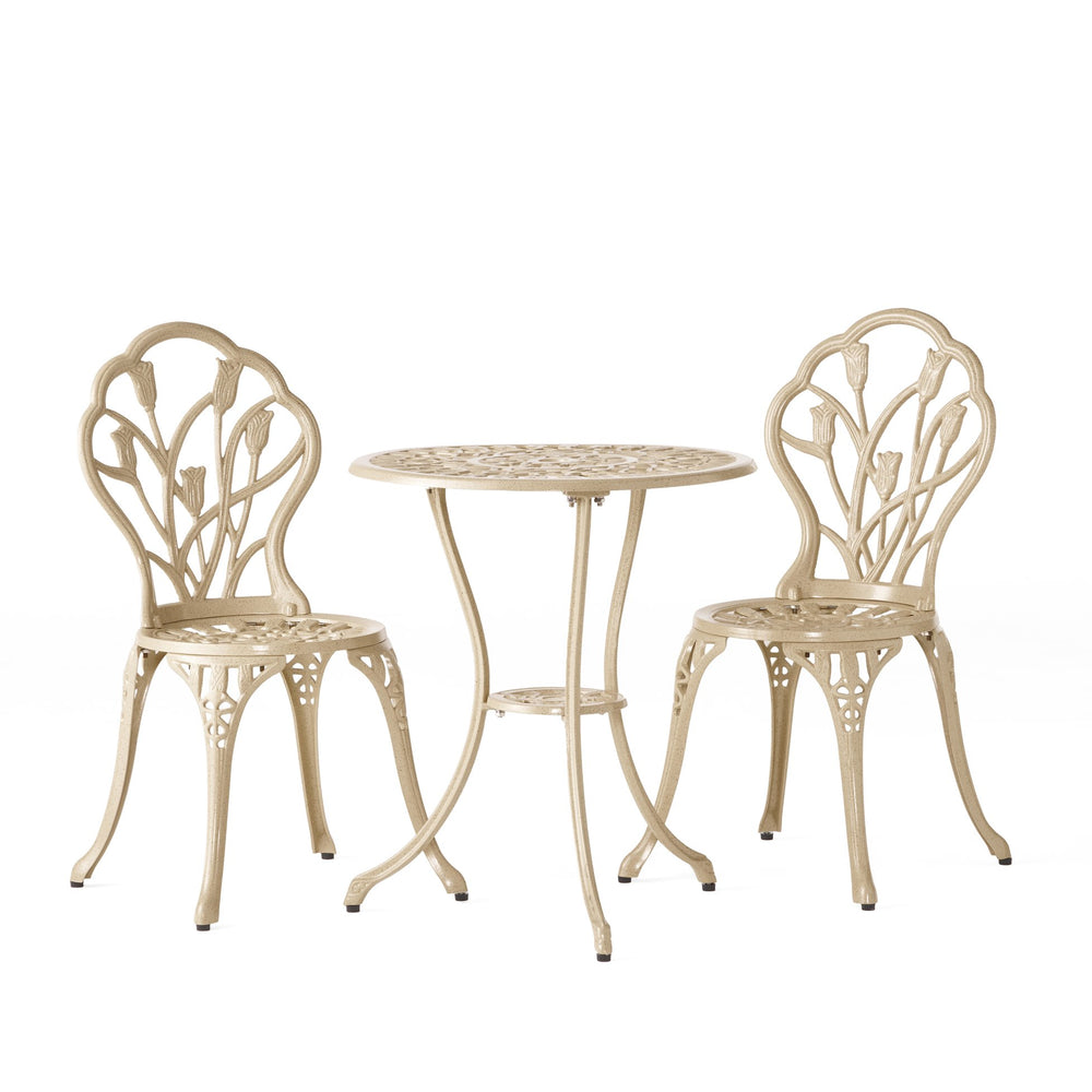 English Elm Nassau Cast Aluminum Outdoor Bistro Set Tulip Motif European Garden Cafe for Two 24360.00SAD
