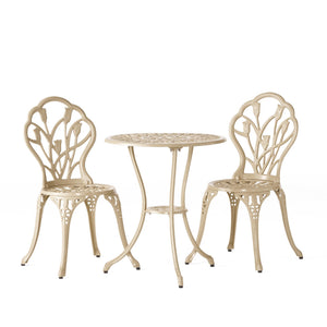 English Elm Nassau Cast Aluminum Outdoor Bistro Set Tulip Motif European Garden Cafe for Two 24360.00SAD