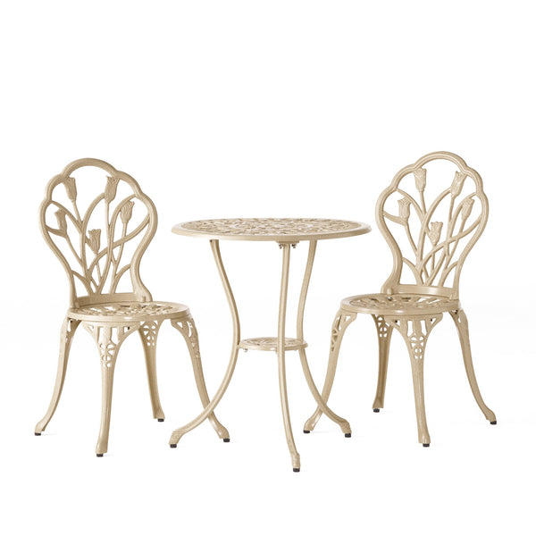 English Elm Nassau Cast Aluminum Outdoor Bistro Set Tulip Motif European Garden Cafe for Two 24360.00SAD