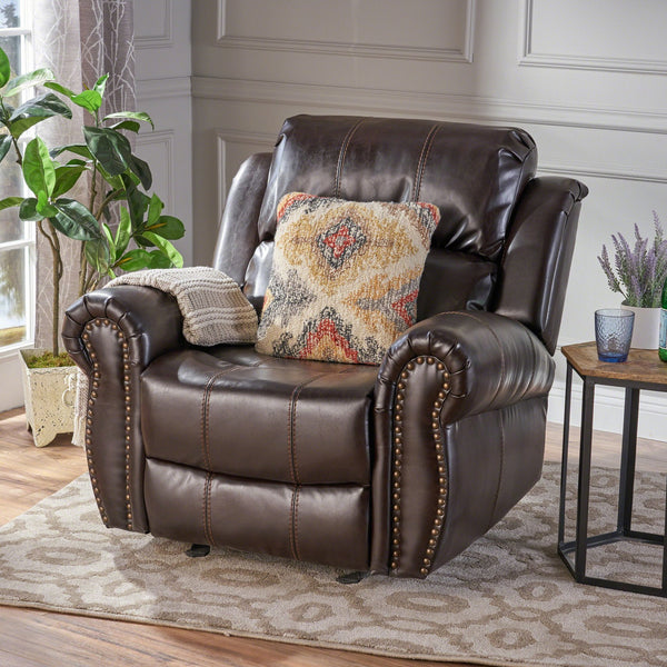 English Elm Christopher Knight Home® - GLIDING Recliner with Faux Leather Upholstery, Nailhead Trim, Foam Support and Pushback Comfort Dark Brown 57339.00PU