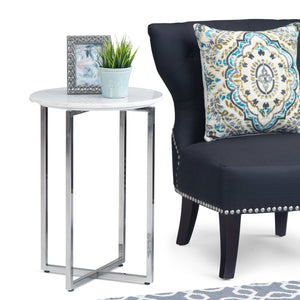 English Elm Marsden White Marble Side Table with Polished Stainless Steel X-Base — Modern End Table, 24.2" H B136P159933