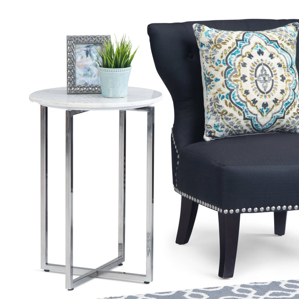 English Elm Marsden White Marble Side Table with Polished Stainless Steel X-Base — Modern End Table, 24.2" H B136P159933