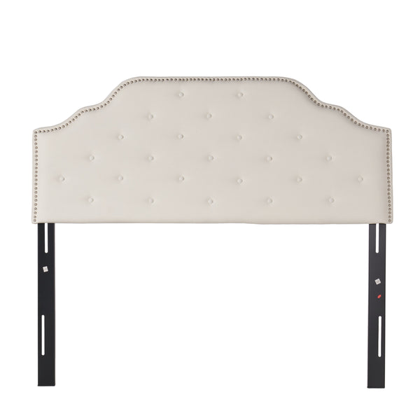 English Elm Tufted Queen Headboard with Nailhead Trim Solid Wood Frame and Adjustable Metal Legs Ivory 57877.00IVY