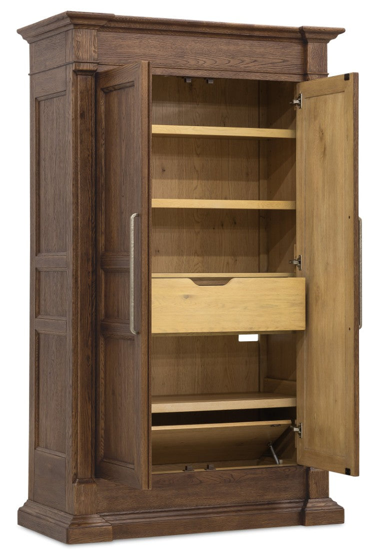 Hooker Furniture Driftwood Wardrobe With Buckboard Finish — Rustic Oak Charm, Soft-Close Doors, Shelves, Jewelry Tray Medium Wood 6820-90013-85