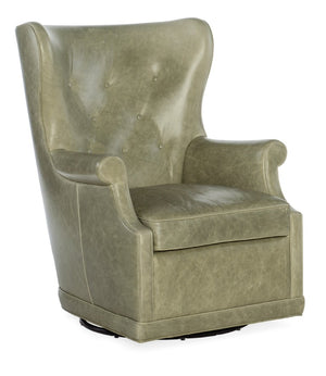 Hooker Furniture Mai Wing Swivel Club Chair In Aniline Top-Grain Leather With Tufted High Back And Smooth Swivel Motion Light Green CC536-SW-031