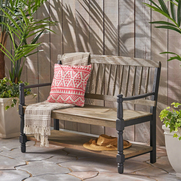 English Elm Imperial Solid Acacia Wood Farmhouse Bench with Lower Shelf for Entryway 62539.00SGRYBLK
