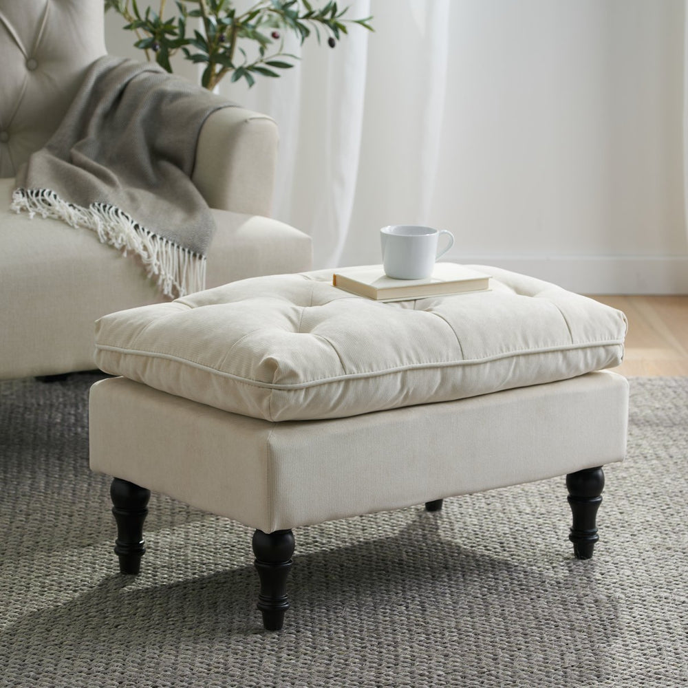 English Elm Lofton Button Tufted Round Ottoman with Turned Birch Legs for Living Room Seating 53081.00