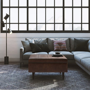 English Elm Shay - Mid Century Modern Storage Ottoman Coffee Table In Distressed Chestnut Brown Faux Leather B136P159261-GIGA