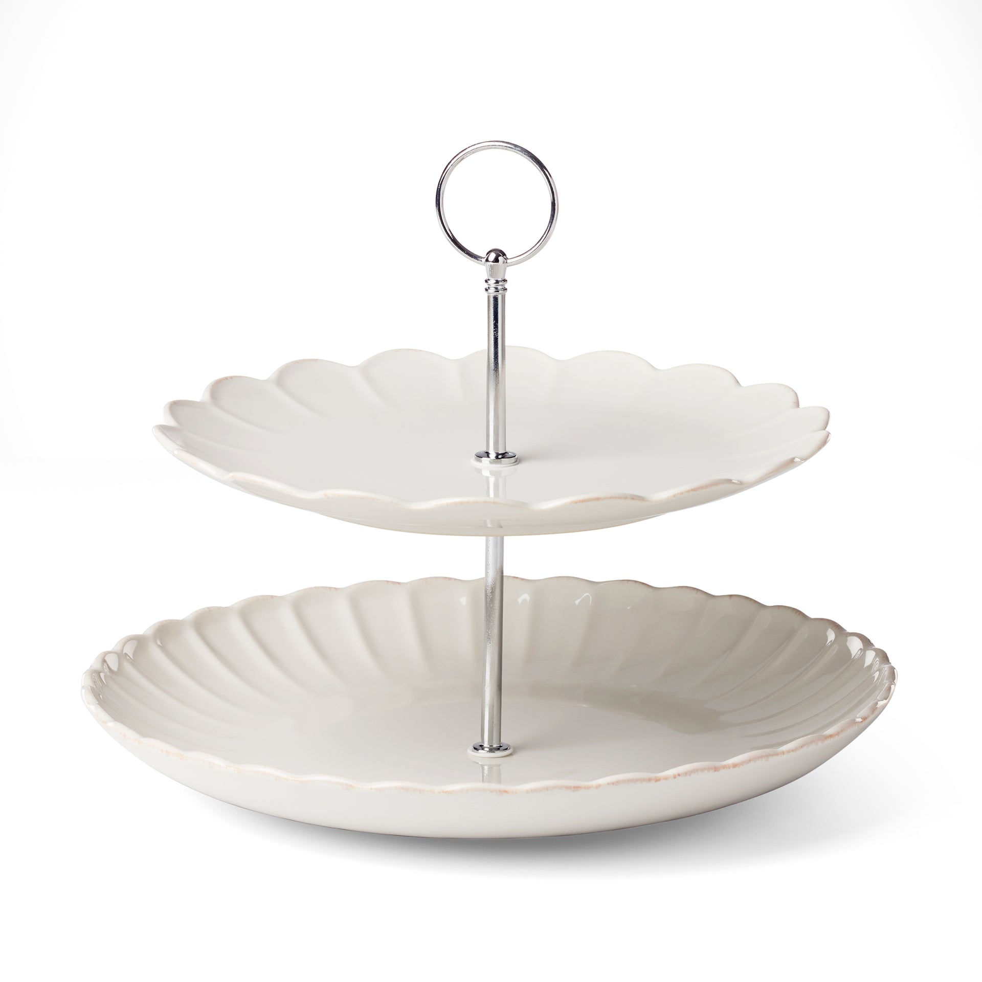 French Perle Scallop White 2-Tier Server - Elegant Stoneware with Tea-Stained Rim