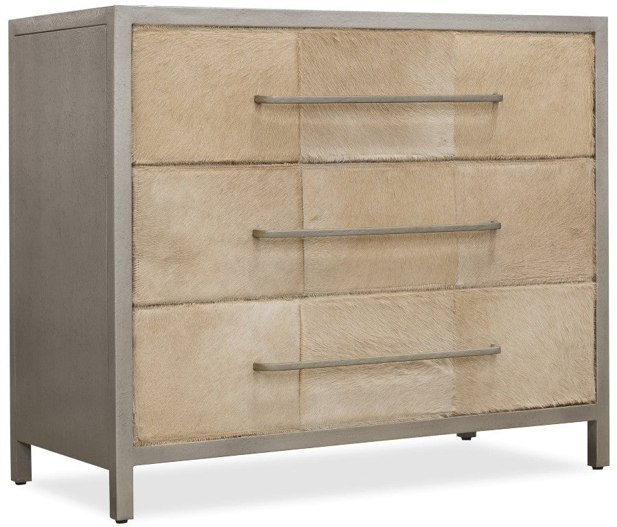 Hooker Furniture Melange Hair-On-Hide Chest With Silver Metal Frame, 3 Soft-Close Drawers, Luxe Textured Accent 628-85004-92