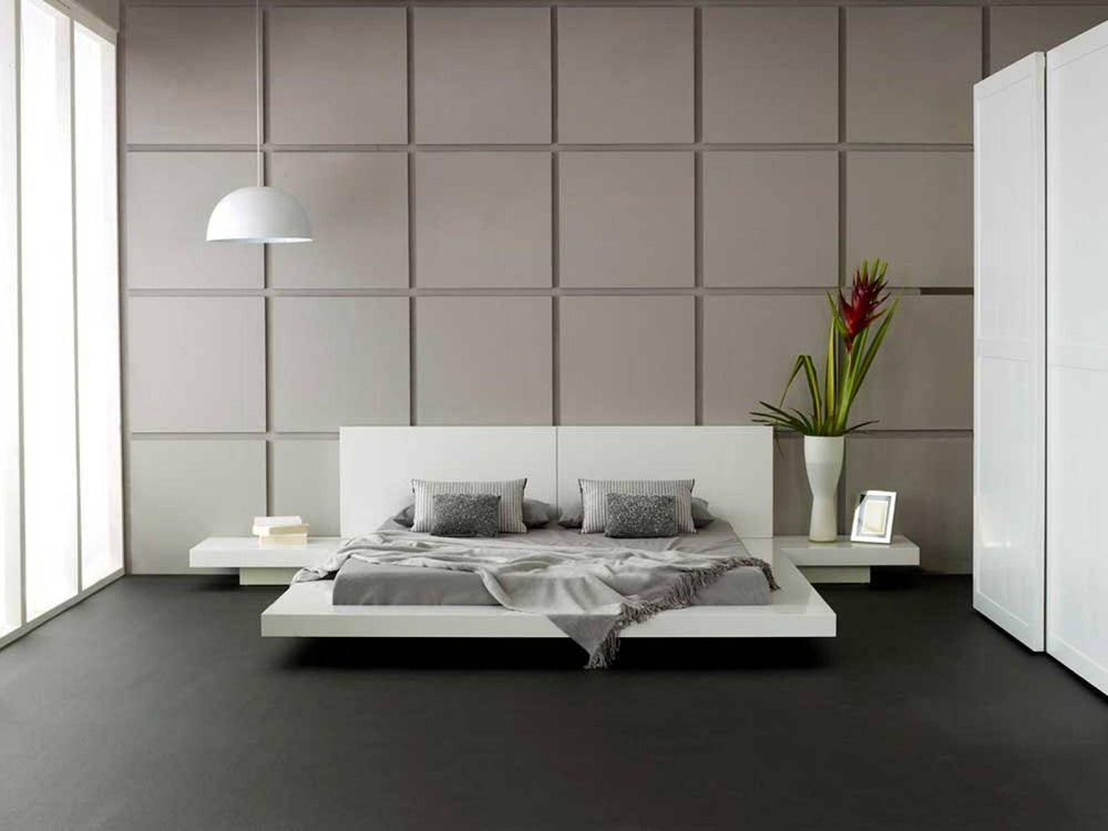 Queen Opal White Gloss Platform Bed with Leatherette Headboard & Nightstands for Modern Comfort