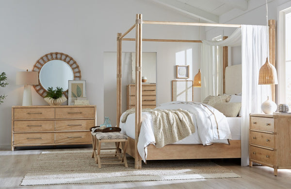 Hooker Furniture Retreat Cal King Upholstered Poster Bed With Canopy, Neo Cream Headboard, Rattan Poles & Distressed Oak 88.00 L x 81.50W x 90.00H 6950-90466-80