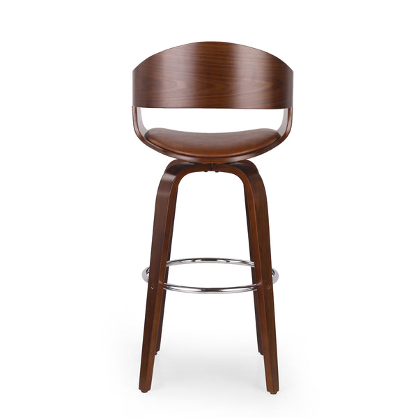 English Elm Christopher Knight Home® - BAR STOOL Mid-Century Modern Faux Leather Swivel with Walnut Veneer Frame and Chrome Footrest Brown 67494.00PUCOGN