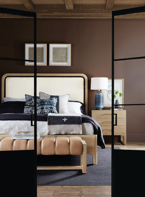 Hooker Furniture Banyon California King Panel Bed With White Oak & Top-Grain Leather Headboard, Rustic-Modern Design Beige 6081-90360-82